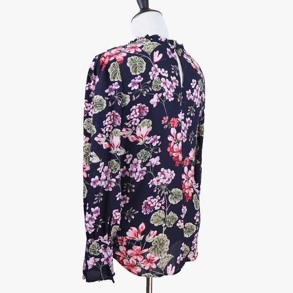 Ann Taylor Size M Lace Pleated Front Blouse Floral Print Navy Pink - Picture 3 of 11